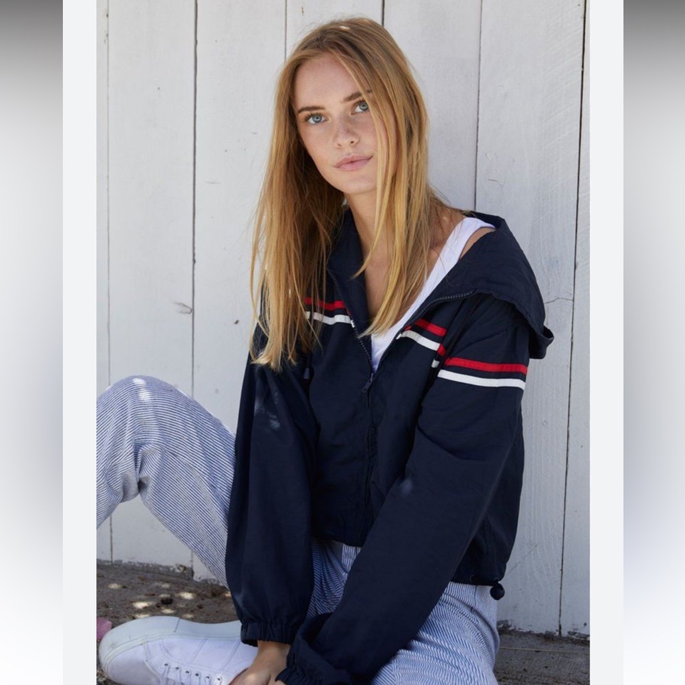 Brandy Melville John Galt Navy Blue windbreaker Jacket with Red/White Stripes